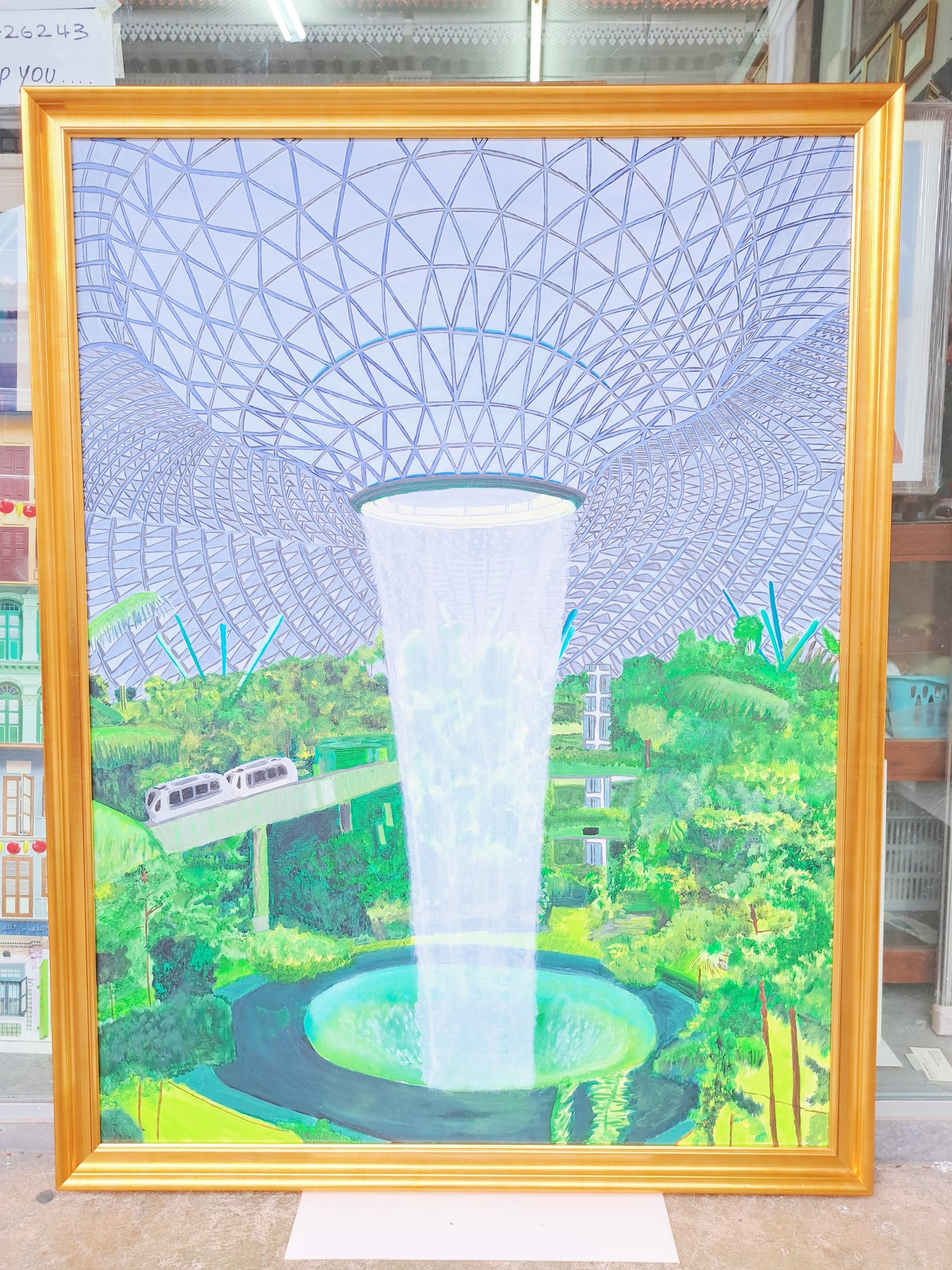 Student artwork framing Singapore - Handpainted waterfall art with premium gold frame gallery wrap for exhibition display