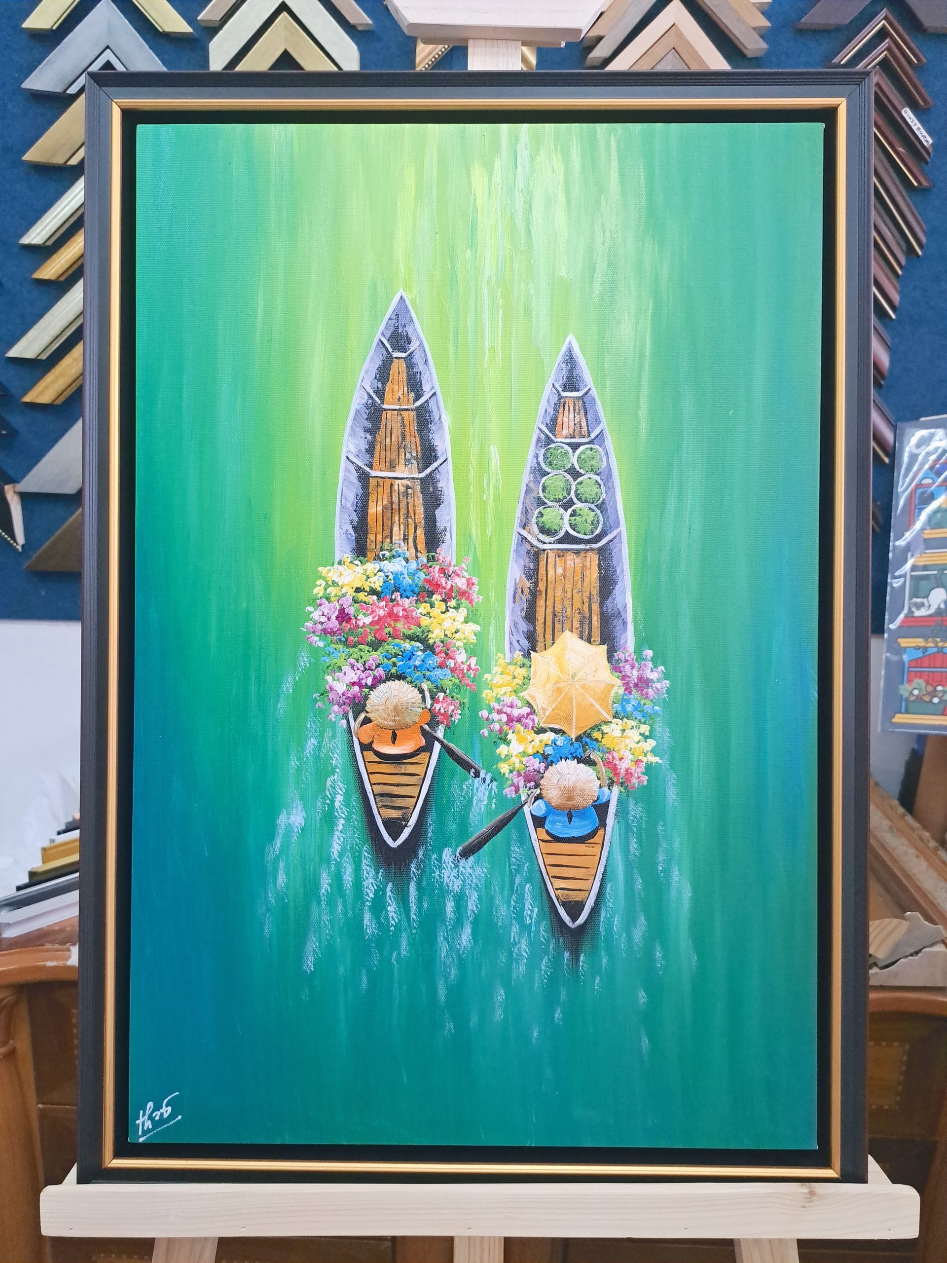 Travel art framing Singapore - Vietnamese boat painting with gallery wrap and floating effect in premium brown frame