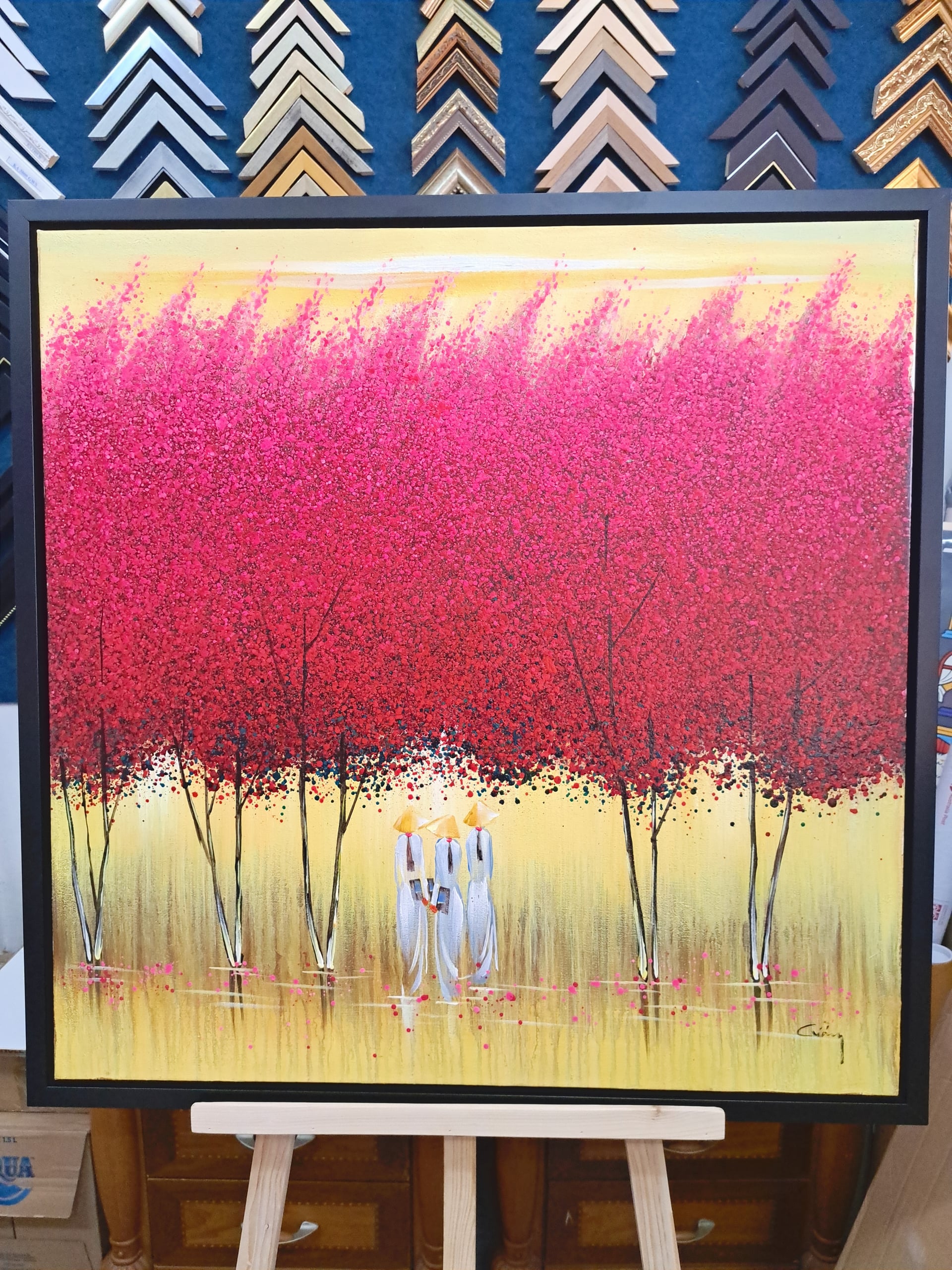 Vietnamese art framing Singapore - Three ladies autumn garden painting with floating gallery wrap in black frame