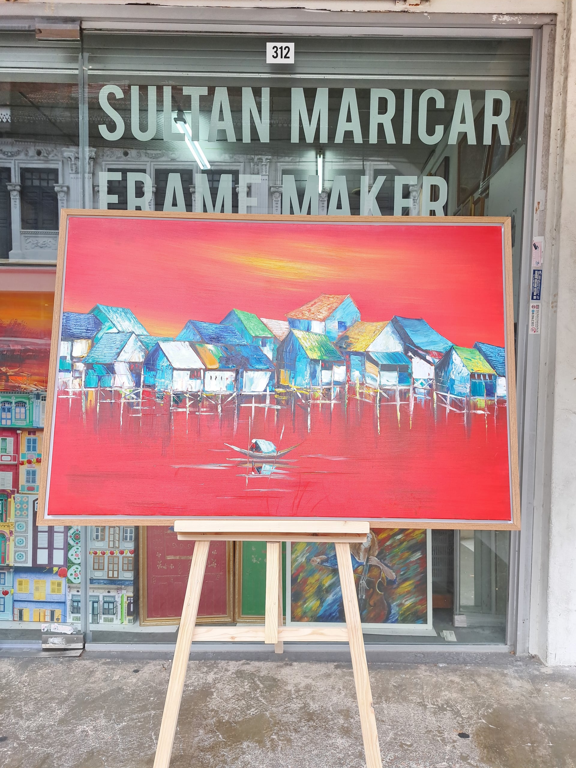 Family heritage art framing Singapore - Vietnamese river scene with teak wood frame and gallery wrap presentation