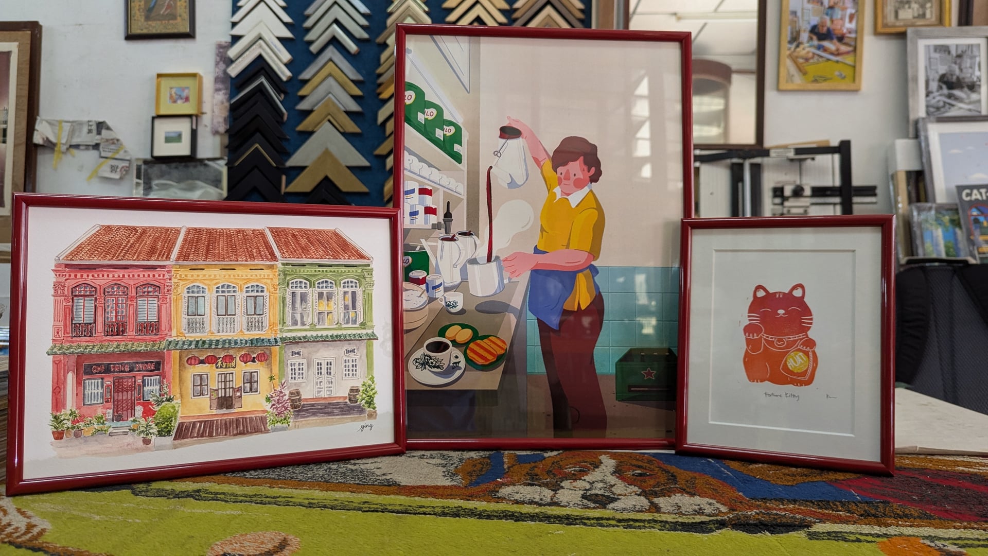 Singapore heritage art framing - Iconic shophouses and coffeeshop scenes with red stained wood frame