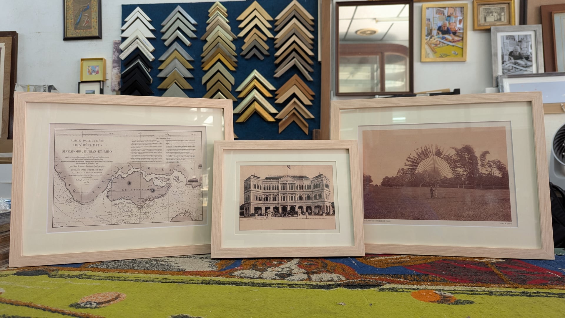 Colonial Singapore heritage art framing - Historical memories in light wood frame with clear glass